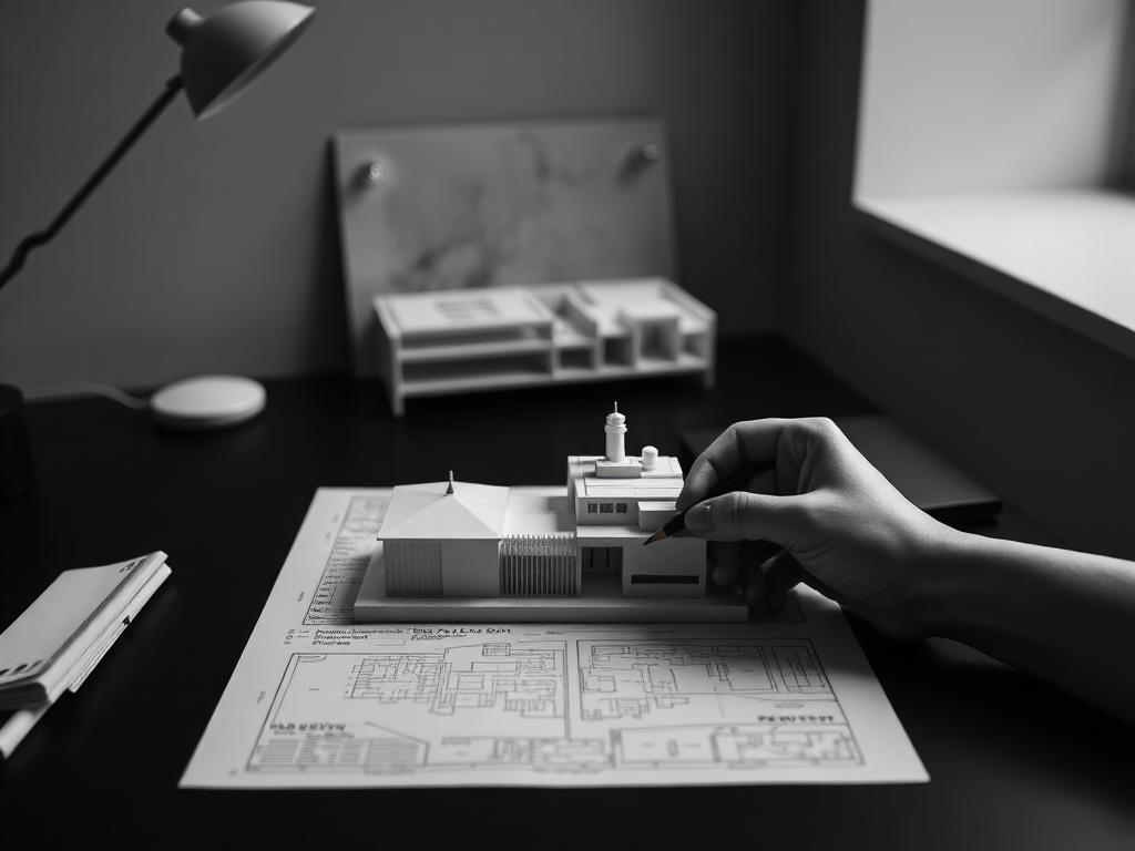Maqueta arquitectónica y planos ejecutivos sobre escritorio